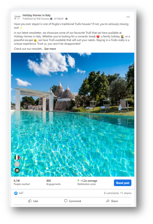 Holiday Homes in Italy Facebook post to increase reach and conversions - RMK Marketing